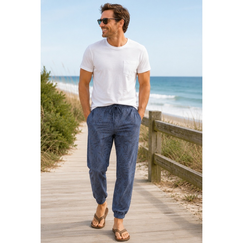 Orvis XL Blue Botanical Jogger Pants Drawstring Coastal Travel Outdoor Casual